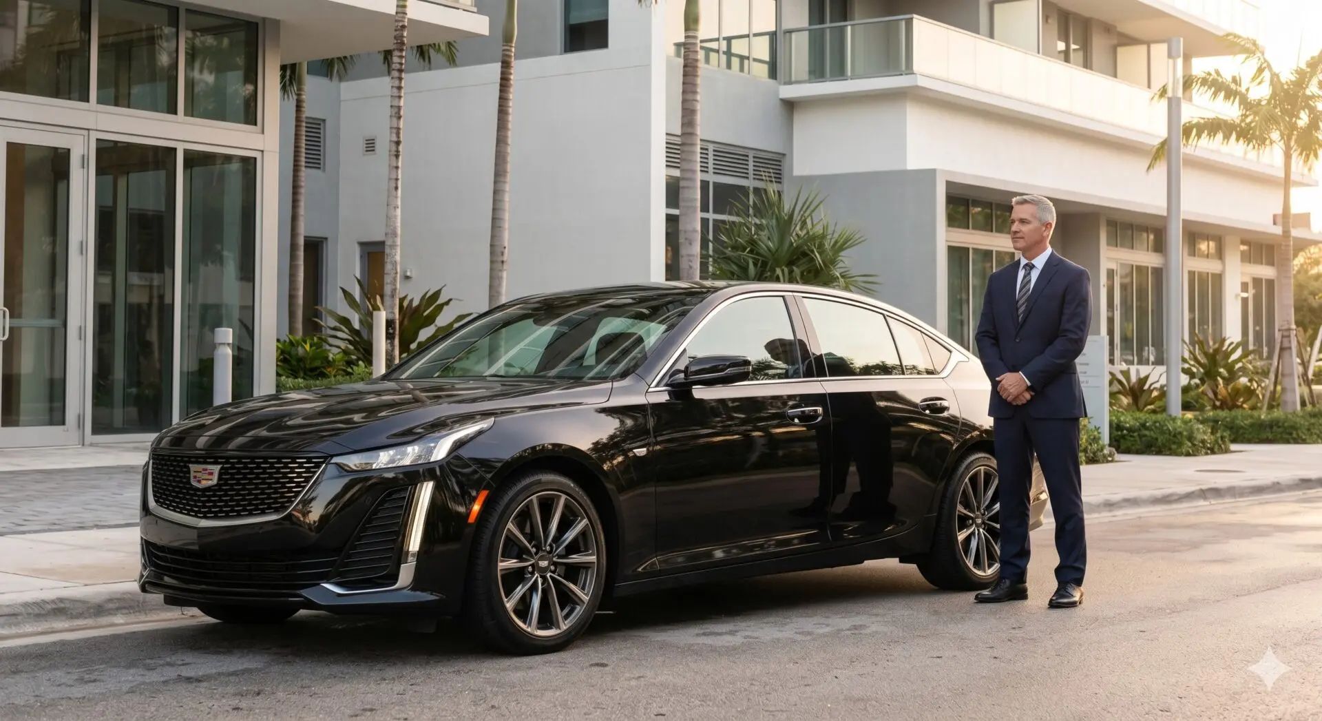 A LEEMO chauffeur beside a black Cadillac CT5 in South Florida